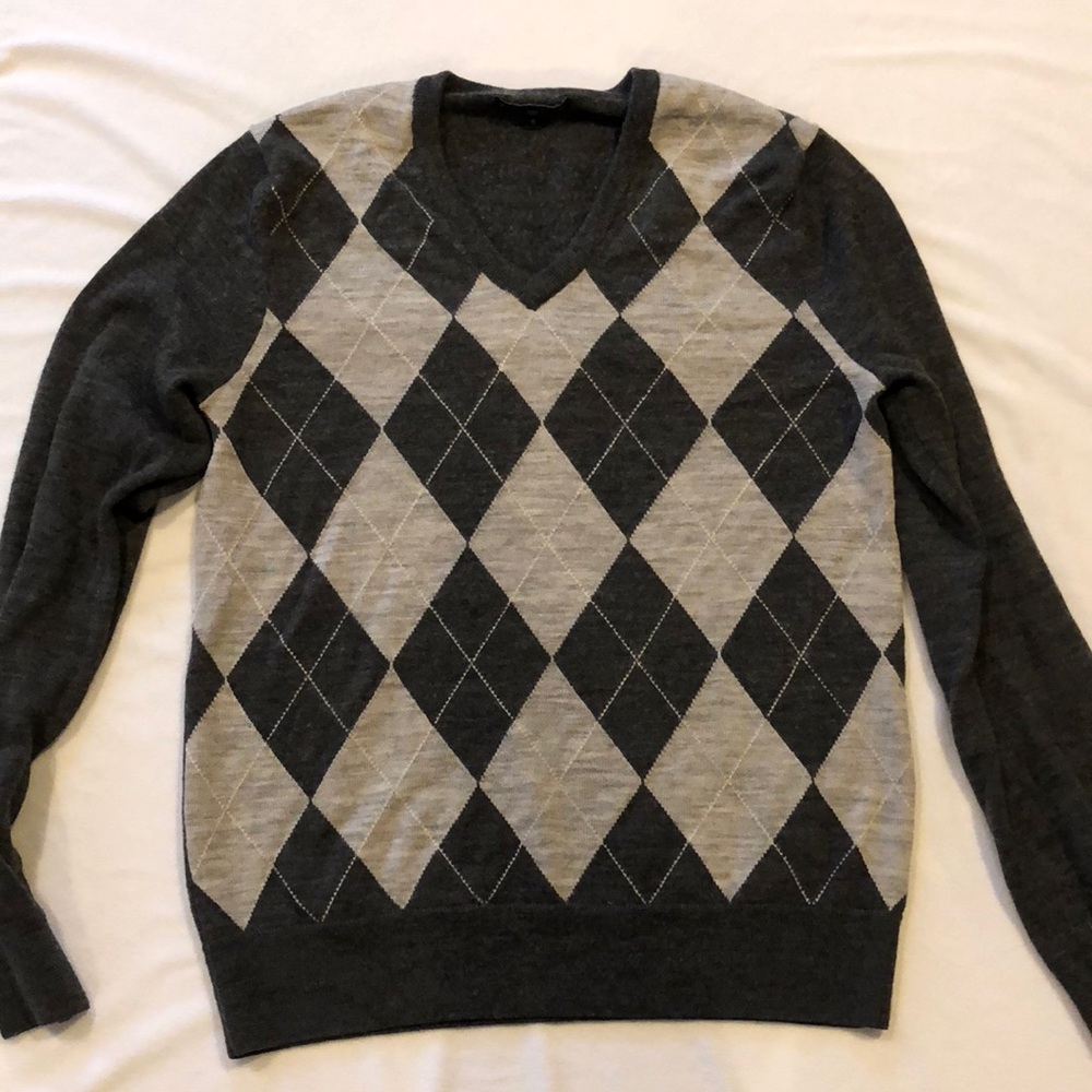 Men’s Grey Argyle Sweater 100% Wool Size Small